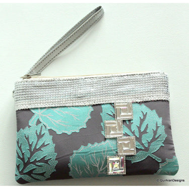Wedding Party Clutch, Green, Grey And Silver Fabric Purse With Silver Accents, Sequins Clutch